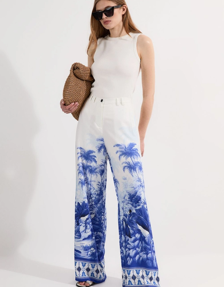 Viscose Linen Scenic Print With Top Stitch Woven Trouser