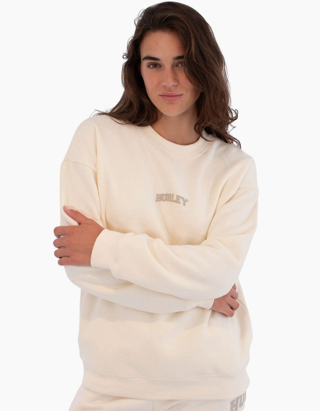 Hurley Women's Pearl Ivory Stadium Crew Pullover Sweatshirt  L