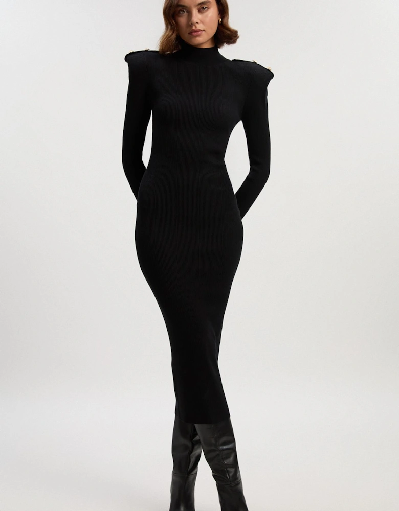 Viscose Blend Rib Knit Power Shoulder Long Sleeve Military Trim Maxi Dress