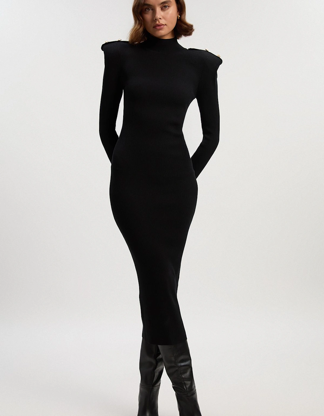 Viscose Blend Rib Knit Power Shoulder Long Sleeve Military Trim Maxi Dress, 2 of 1