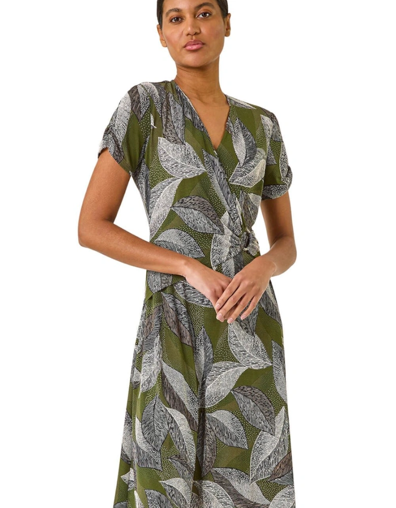 Leaf Print Ring Detail Midi Dress