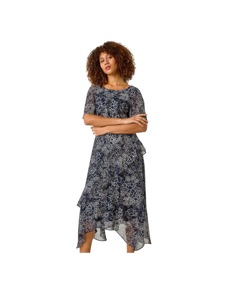 Floral Spot Print Frill Midi Dress