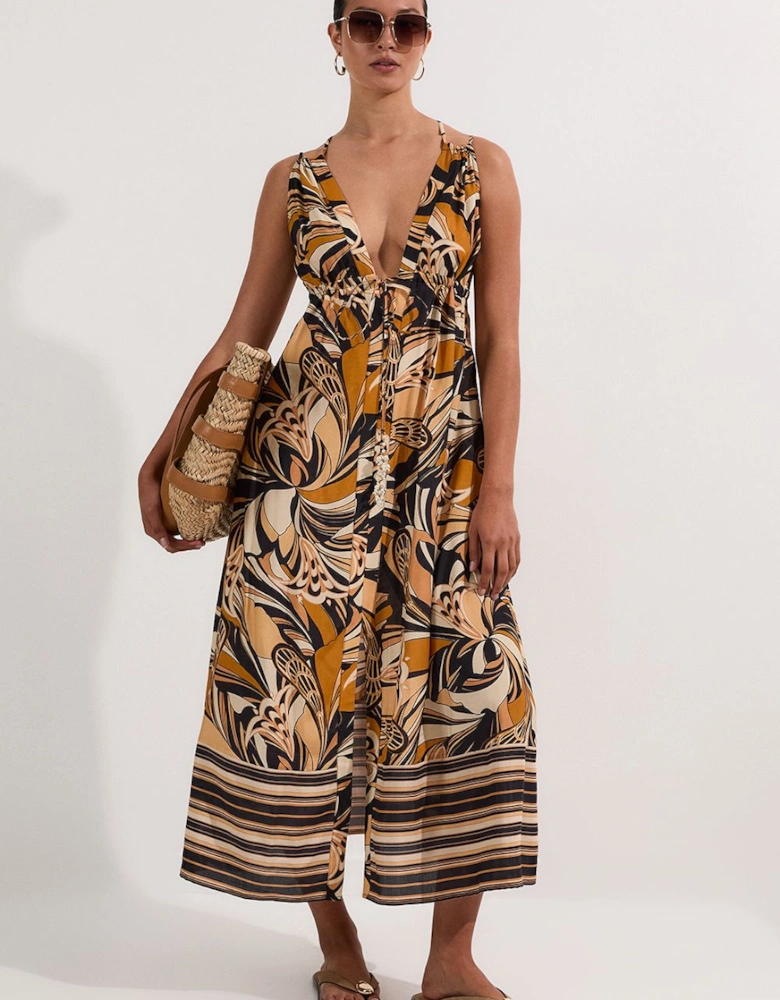 Petite Beach Border Print Spun Viscose Strappy Maxi Dress