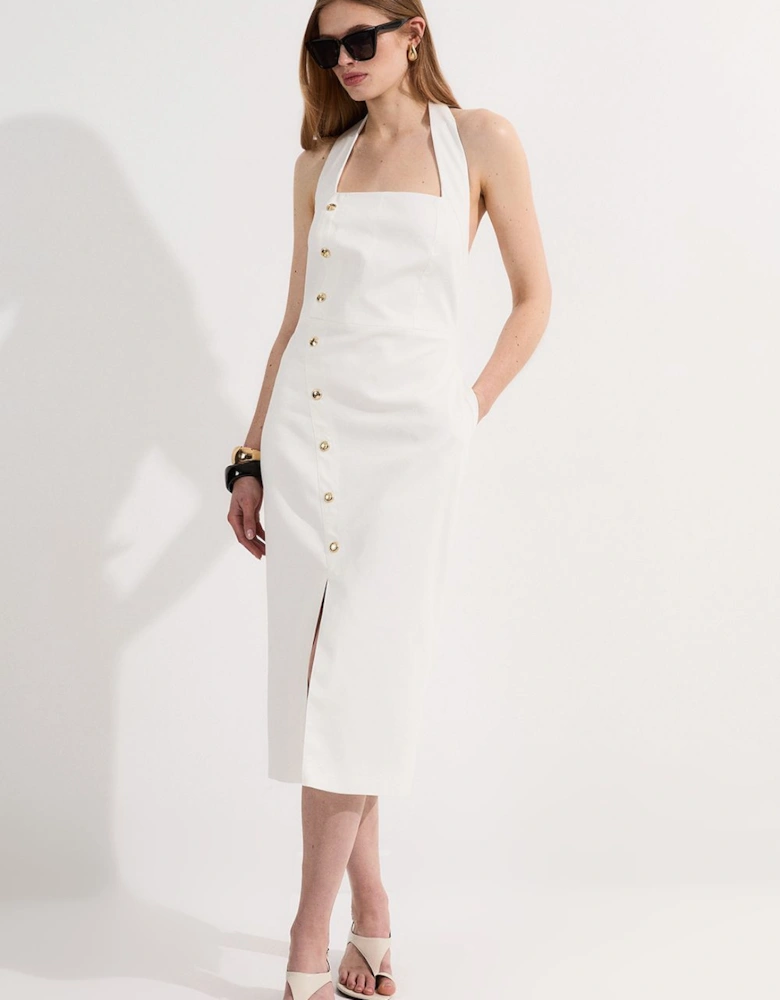 Tailored Denim Halter Neck Pencil Midi Dress