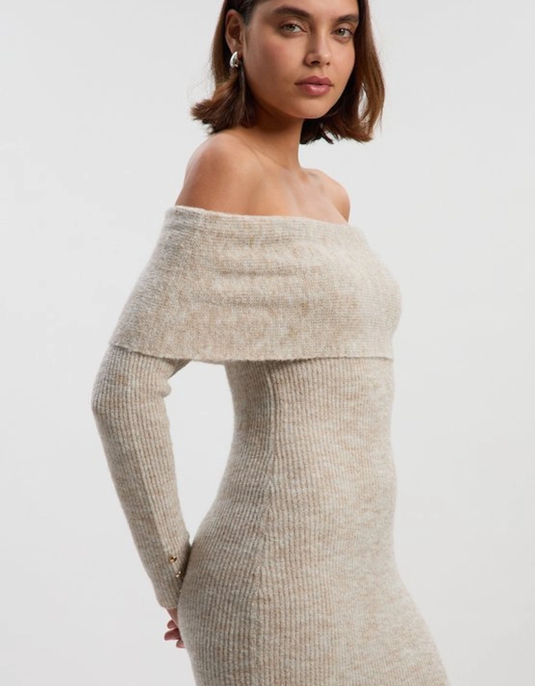 Wool Blend Cosy Bardot Knit Midi Dress