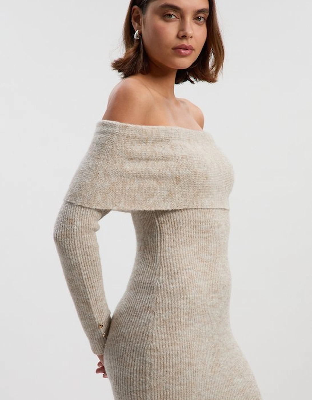 Wool Blend Cosy Bardot Knit Midi Dress