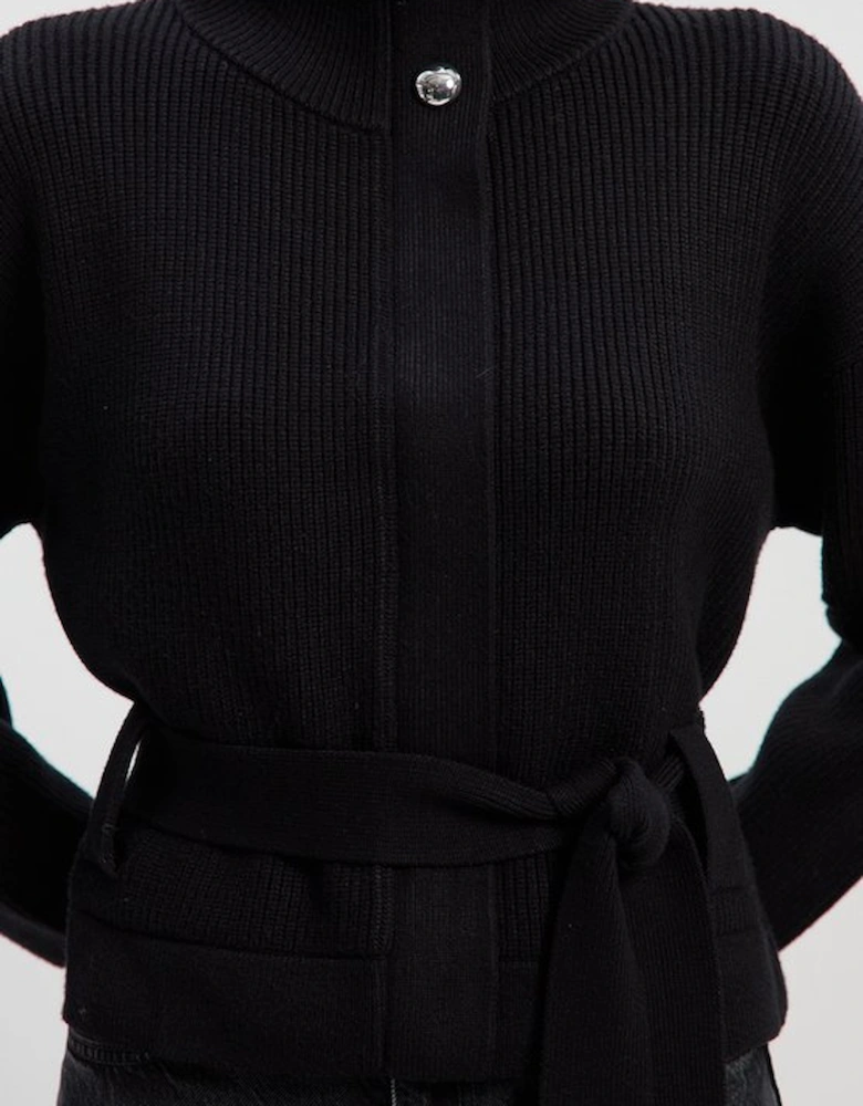 Cable Knit Belted Funnel Neck Jacket