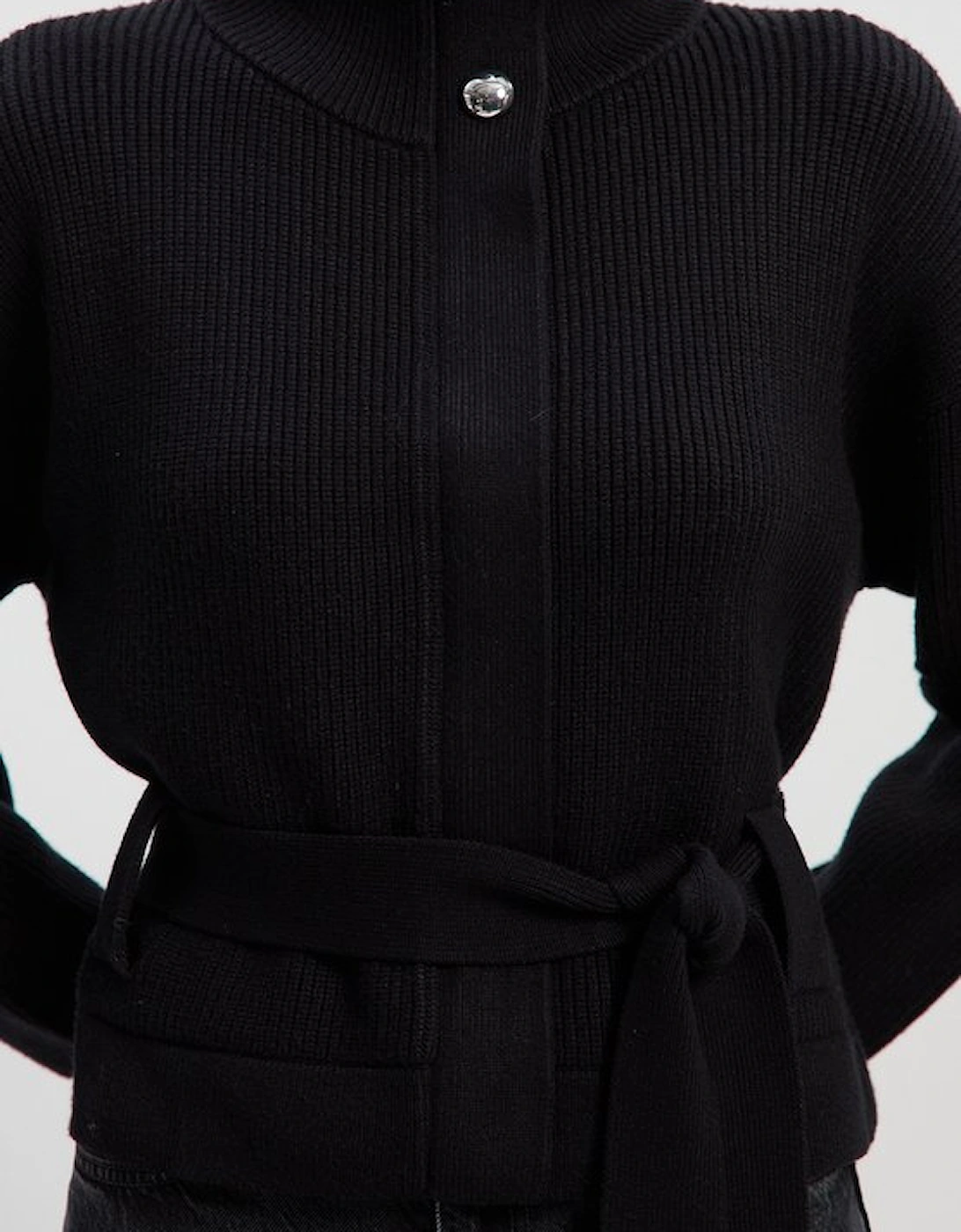 Cable Knit Belted Funnel Neck Jacket