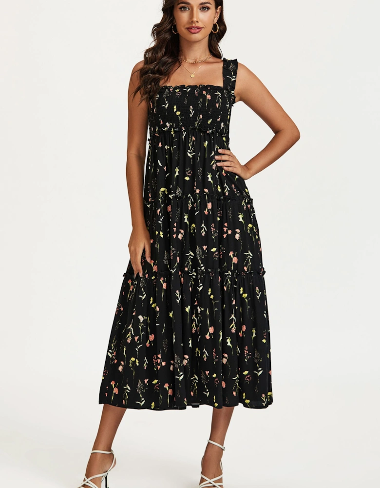 Floral Print Hem Detail Tiered Maxi Dress In Black