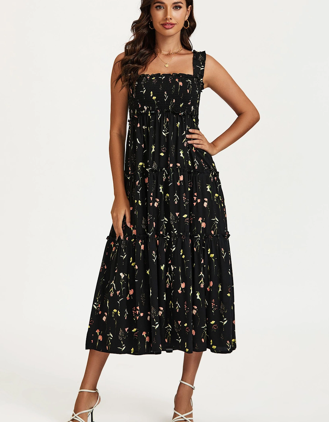 Floral Print Hem Detail Tiered Maxi Dress In Black, 2 of 1
