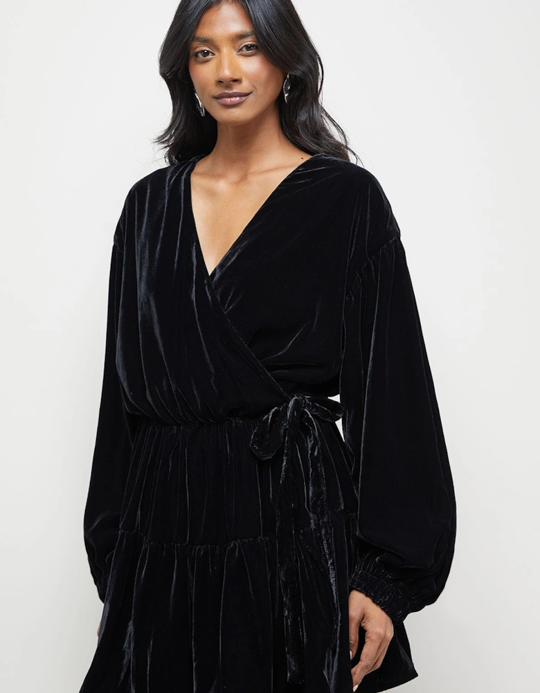 Velvet Wrap Mini Smock Dress