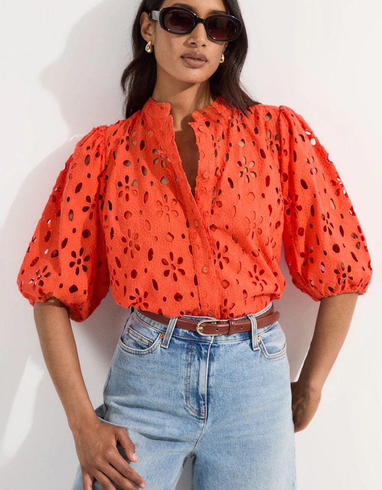 Cotton Broderie Belted Short Sleeve Woven Blouse