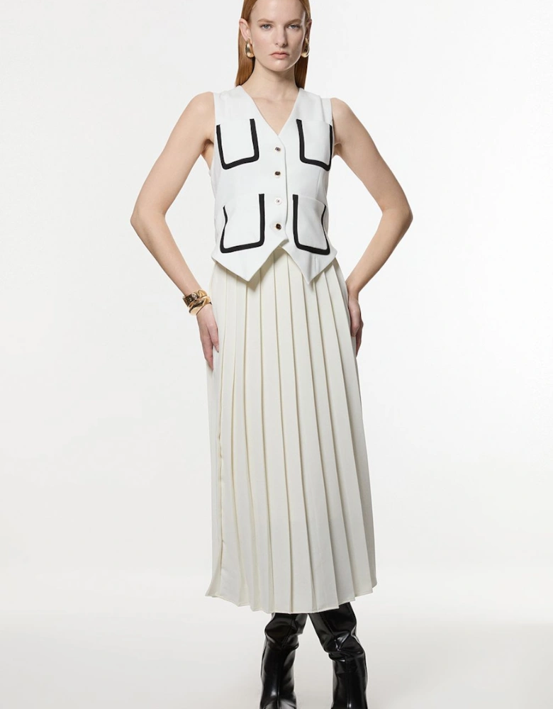 Compact Stretch Sleeveless Pleated Tipped Tailored Midaxi Dress