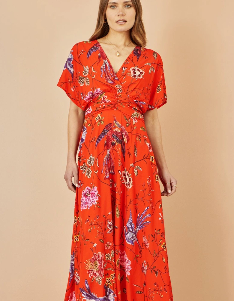 Orange Viscose Bird and Floral Print Kimono Midi Dress