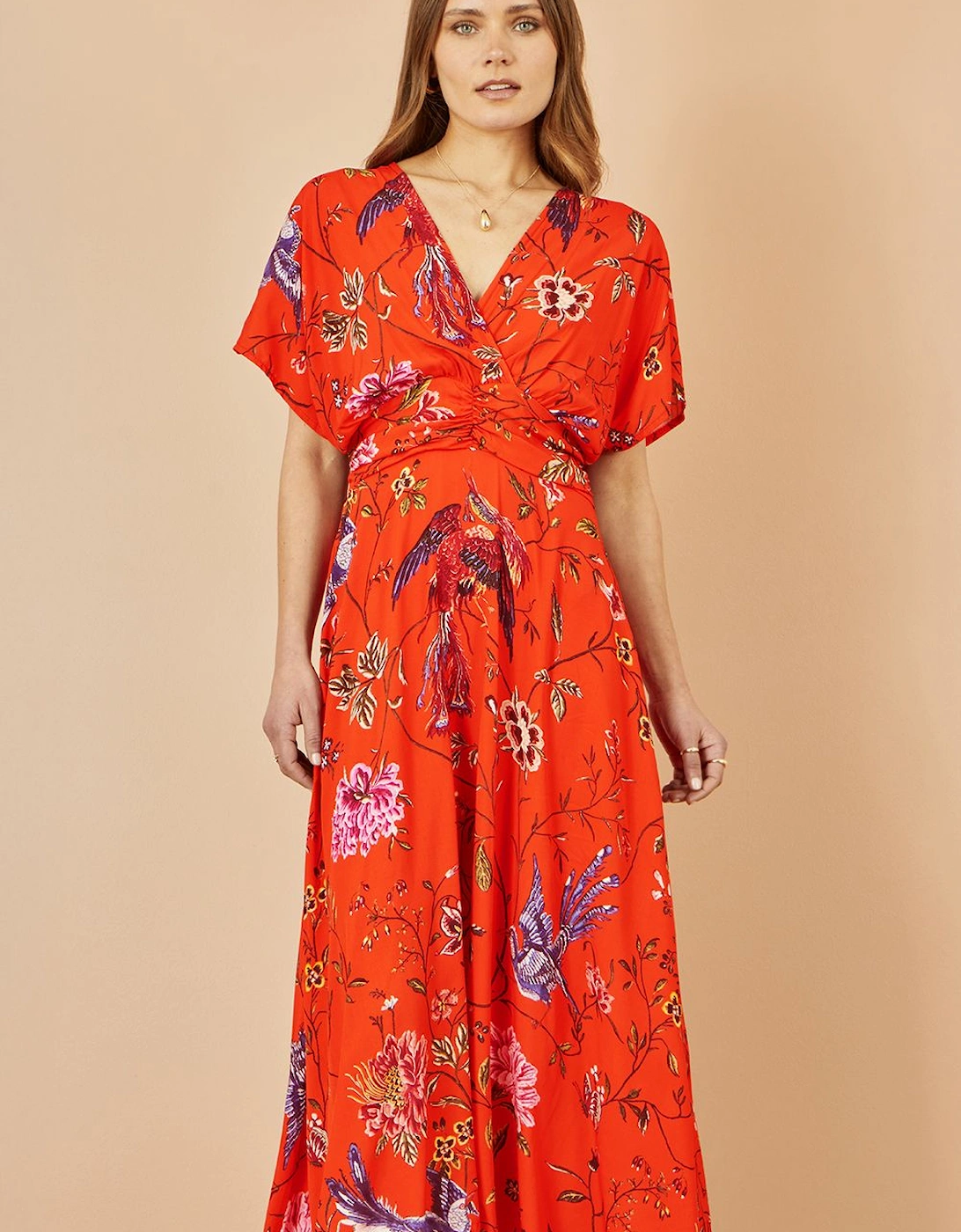 Orange Viscose Bird and Floral Print Kimono Midi Dress, 2 of 1