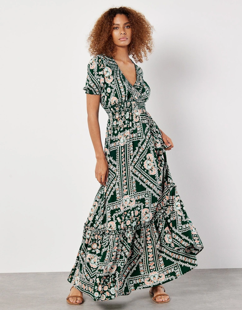 Scarf Print Smocked Maxi Dress
