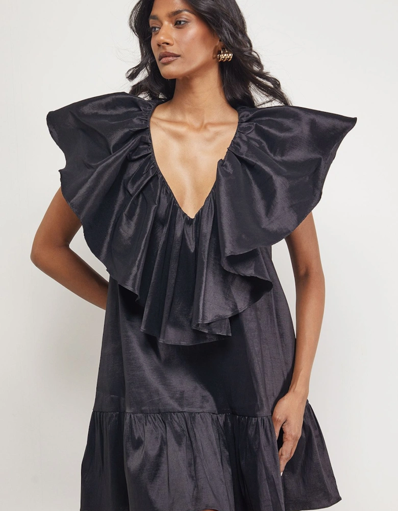 Taffeta Frill V Neck Smock Mini Dress
