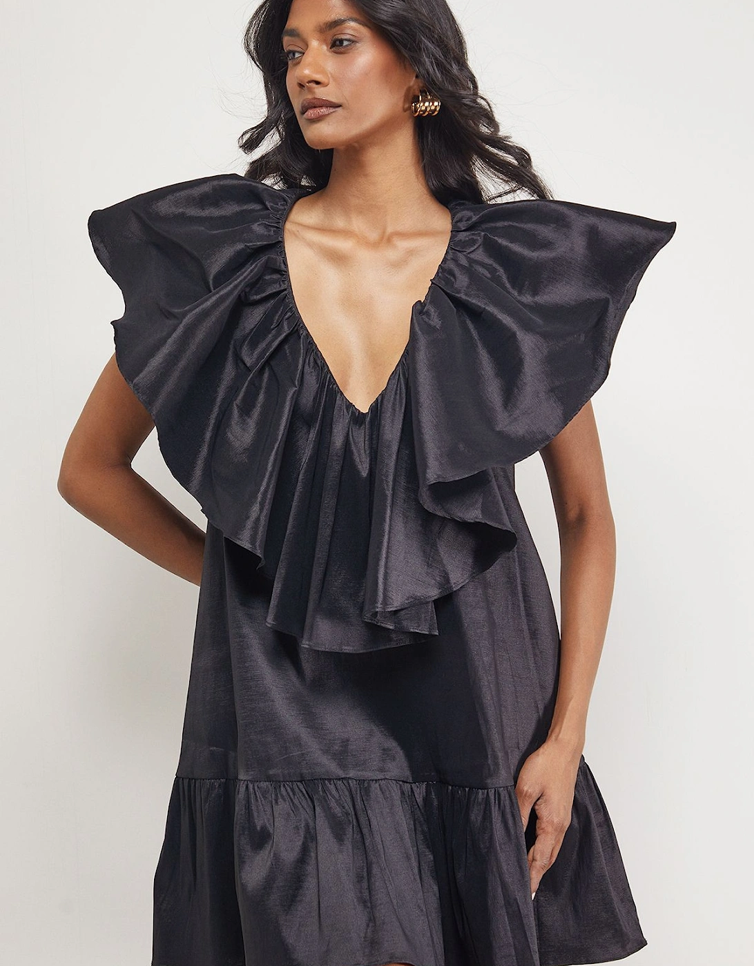Taffeta Frill V Neck Smock Mini Dress, 2 of 1