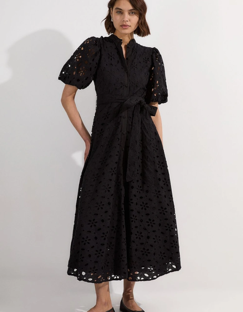 Cotton Broderie Belted Short Sleeve Woven Midi Dress