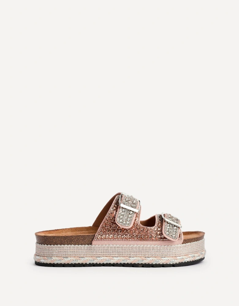Glitzy Rose Gold Diamante Double Buckle Flatform Slider Sandal