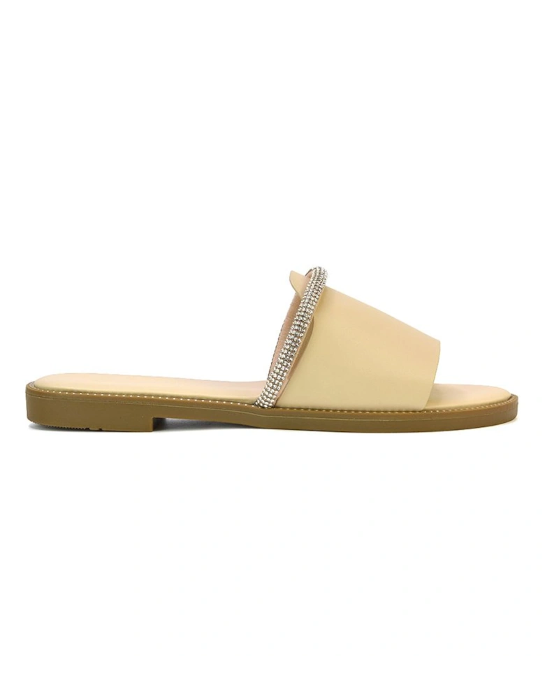 'Khai' Flat Sandal Sliders With Diamante Rhinestone Strap