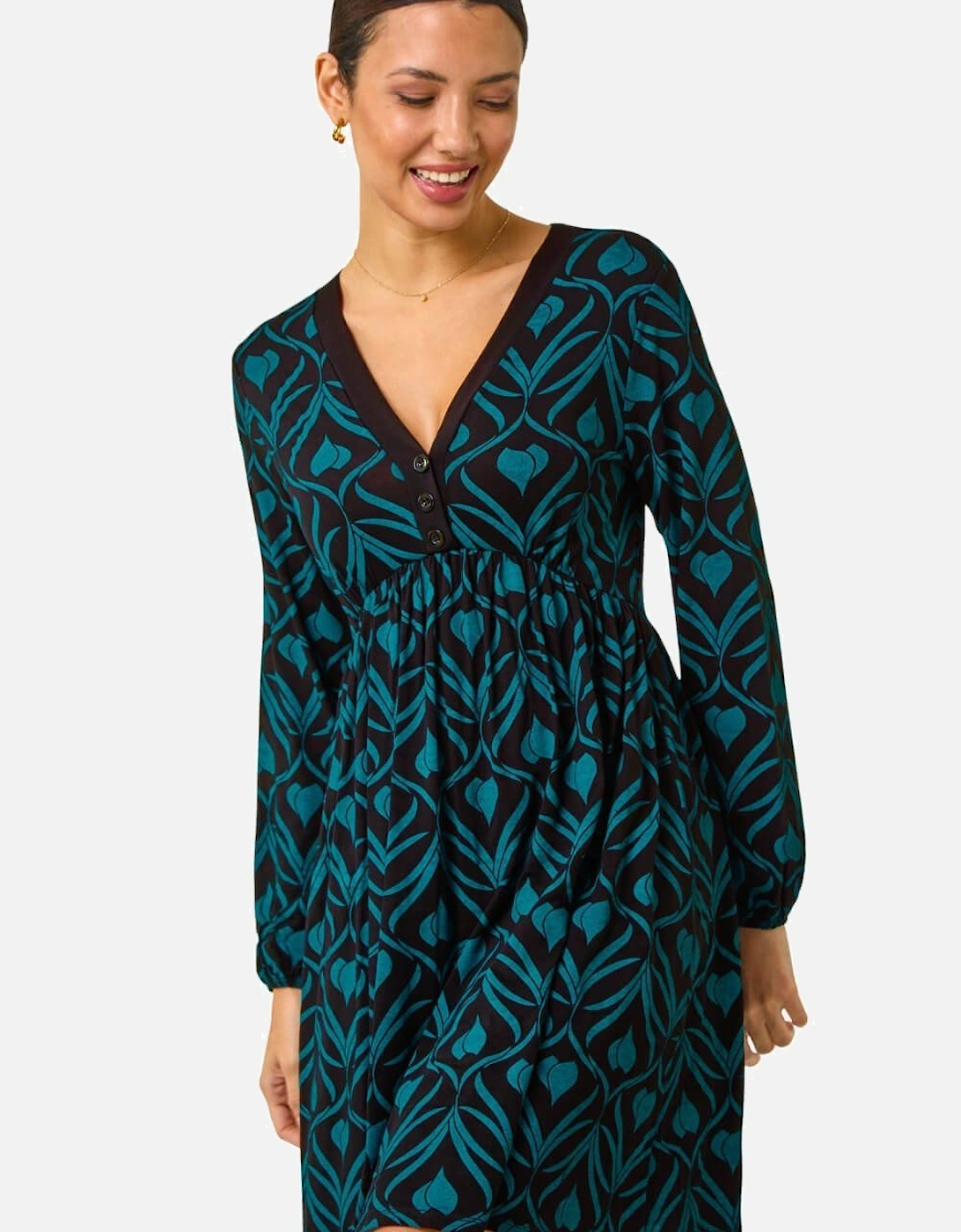 Geo Print Button Detail Stretch Dress, 2 of 1