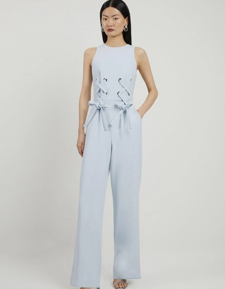 Compact Stretch Eyelet Detailed Ribbon Jumpsuit