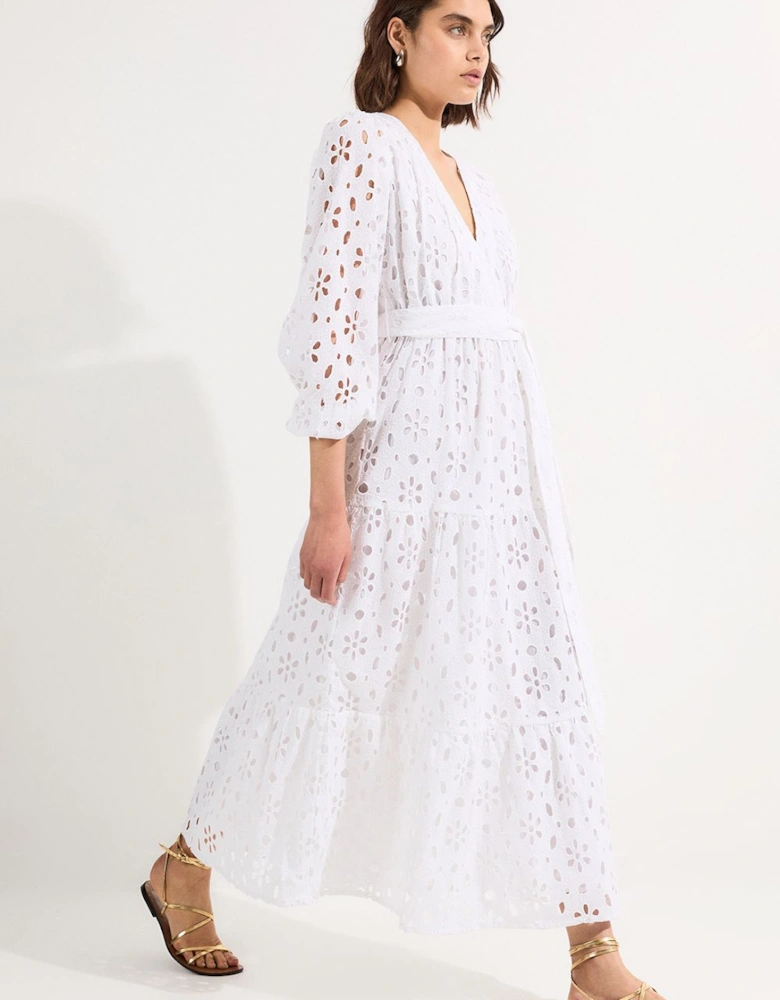 Cotton Broderie Belted Short Sleeve Woven Midi Dress