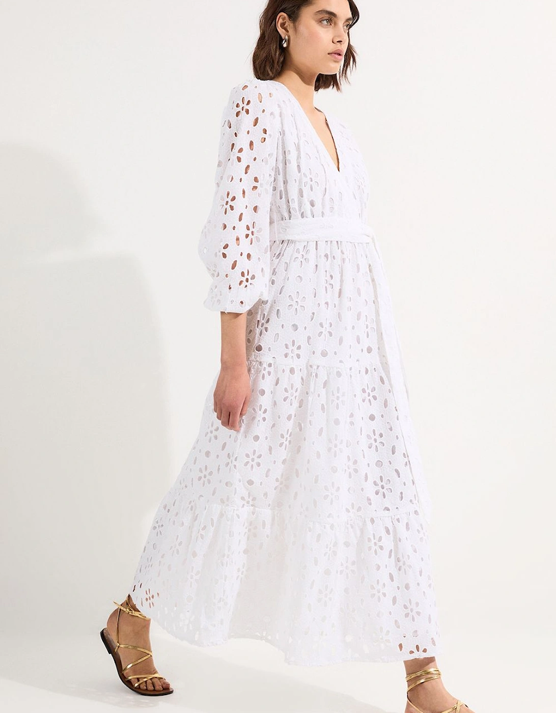 Cotton Broderie Belted Short Sleeve Woven Midi Dress, 2 of 1