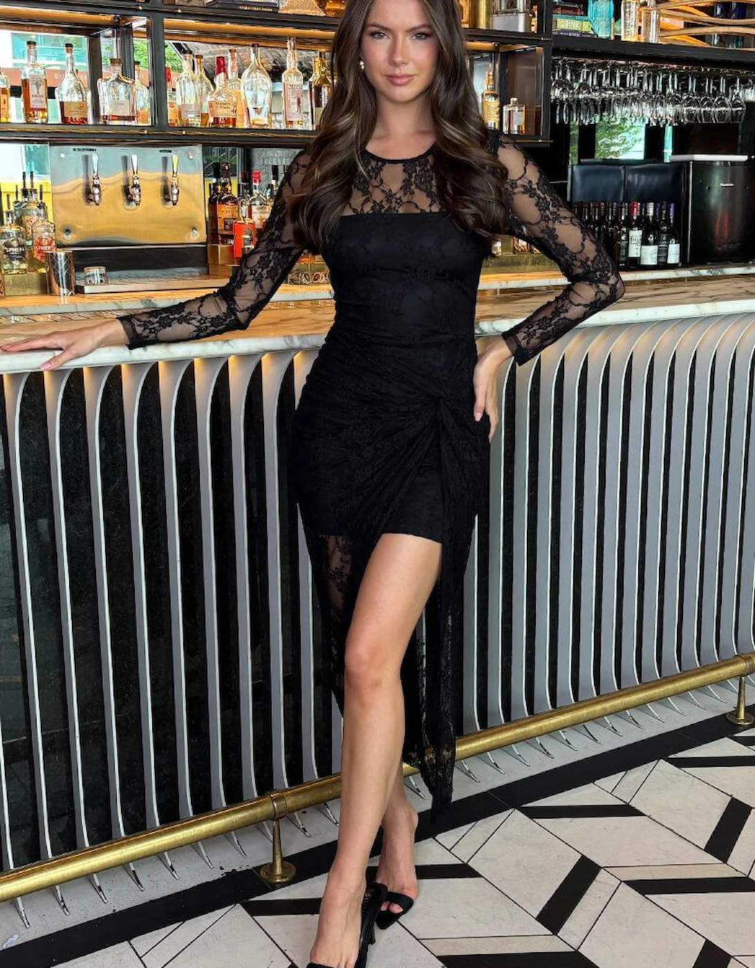 Black Lace Overlay Long Sleeve Knot Skirt Midi Dress, 2 of 1
