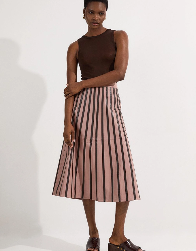 Leather Stripe Mix Full Midi Skirt