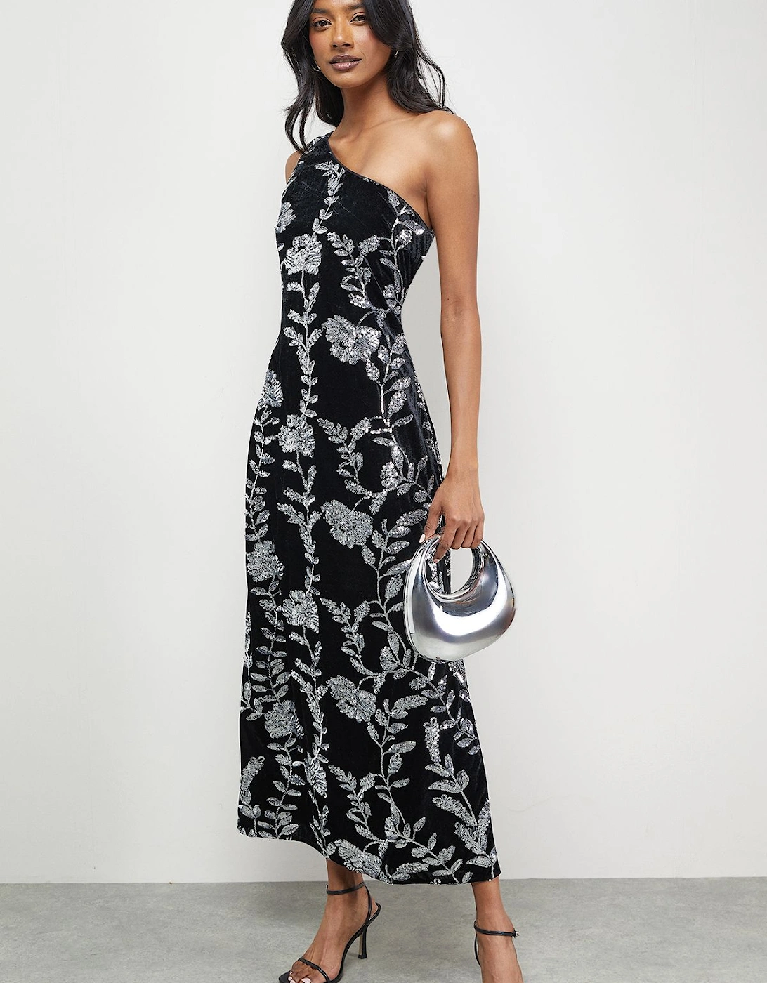 Velvet Sequin One Shoulder Midi Dress, 2 of 1