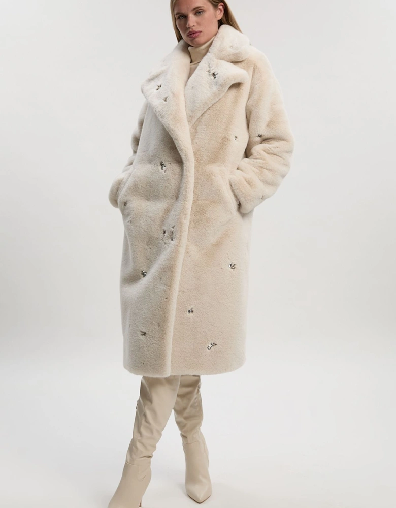 Crystal Embellished Faux Fur Long Coat
