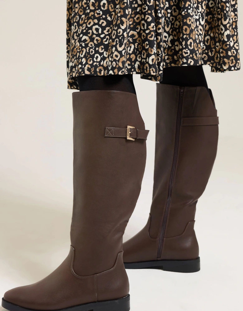 Faux Leather Buckle Knee High Boots