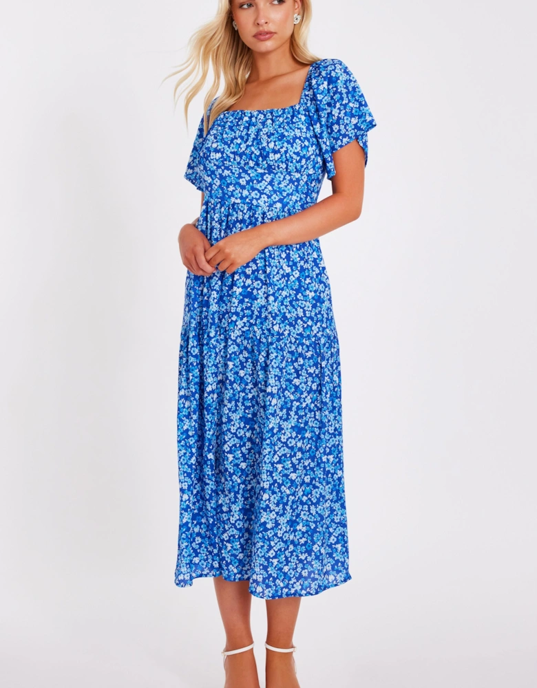 Blue Floral Print Midi Dress