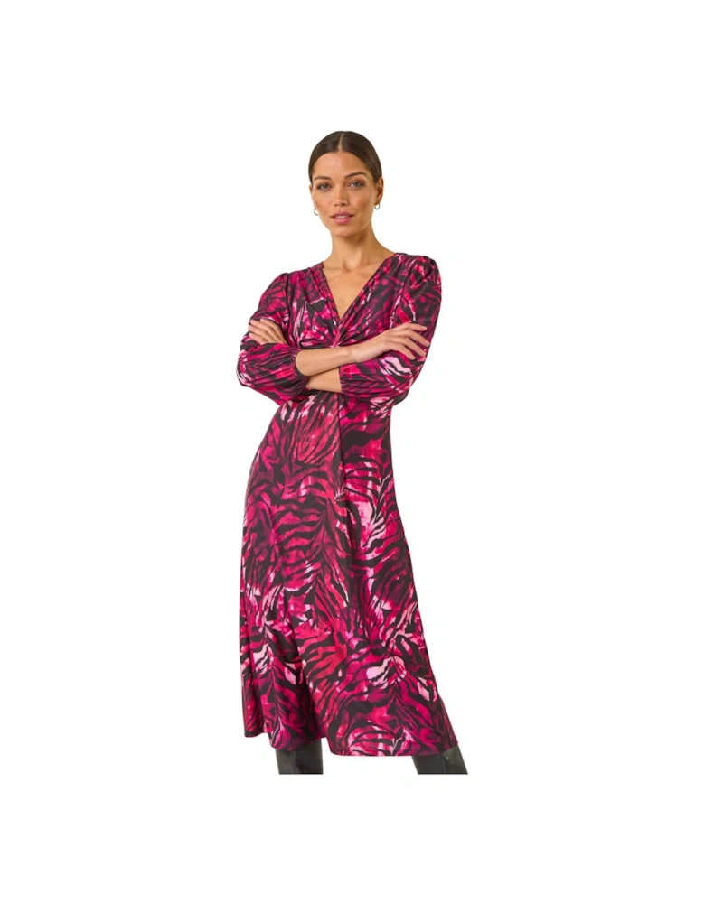 Zebra Print Twist Front Midi Dress