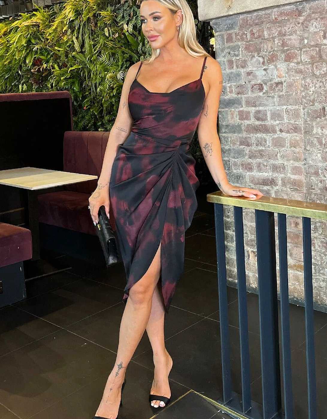 Burgundy And Black Smudge Print Strappy Gathered Skirt Midi Dress, 2 of 1