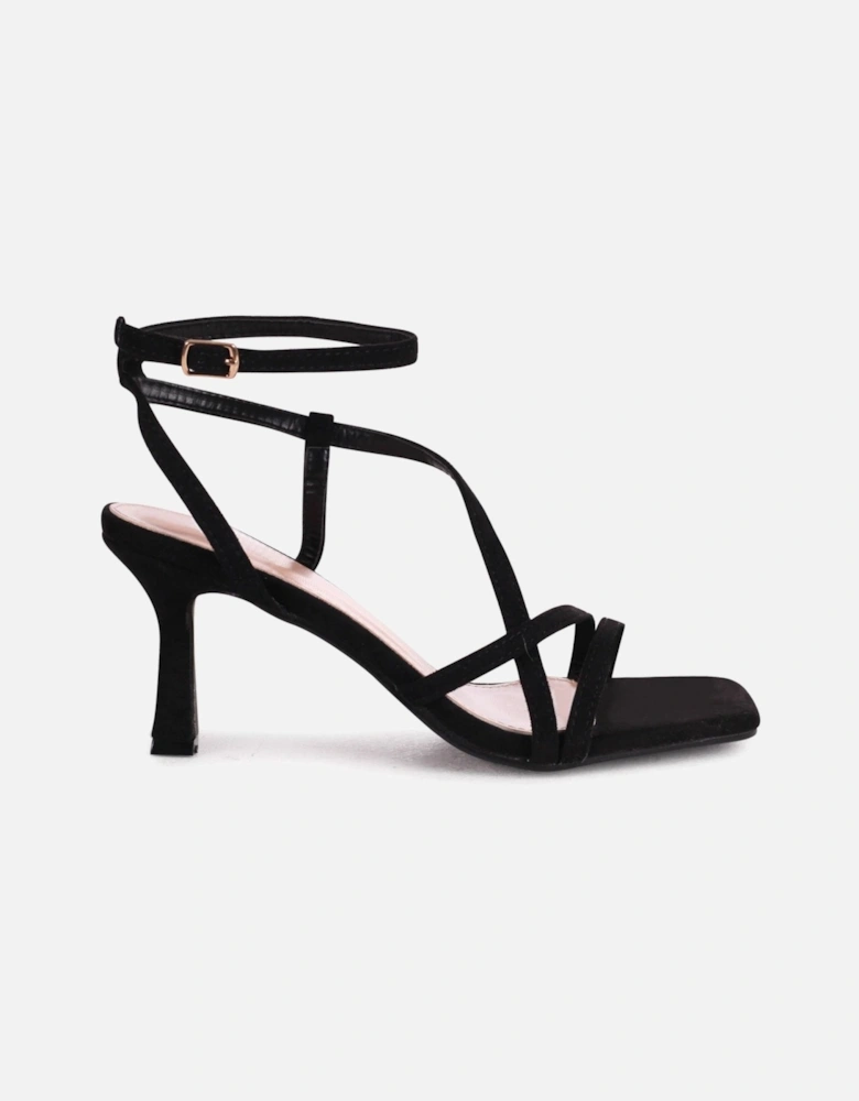 Ella Black Faux Suede Strappy Square Toe Heeled Sandal