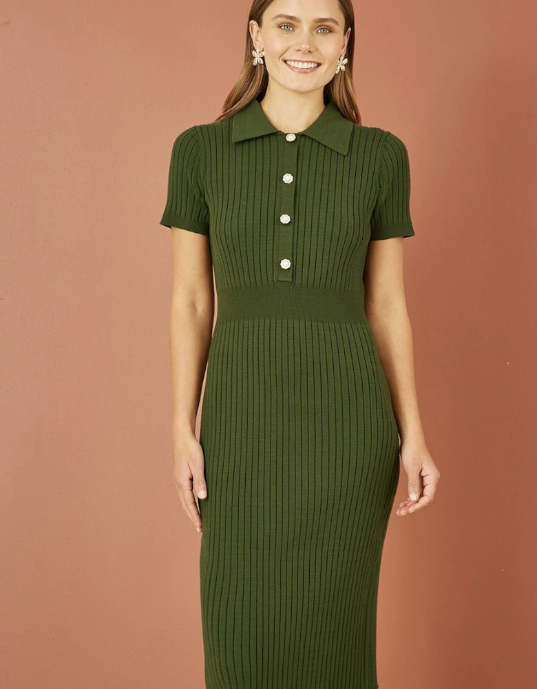 Green Fitted Rib Knitted Midi Dress With Daisy Buttons