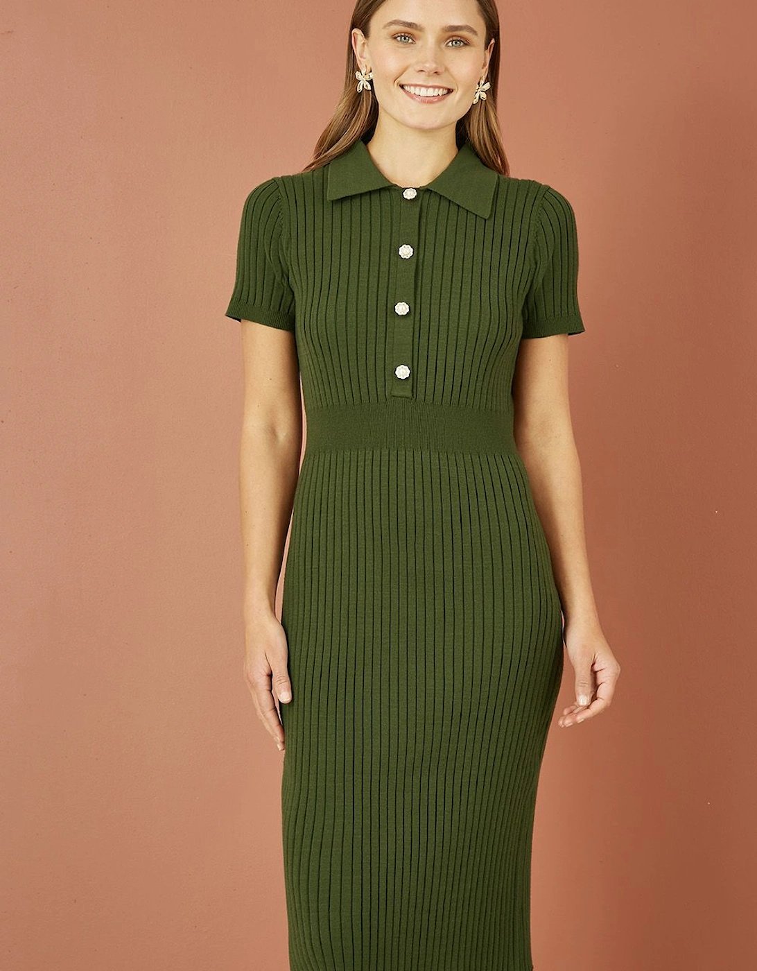Green Fitted Rib Knitted Midi Dress With Daisy Buttons, 2 of 1