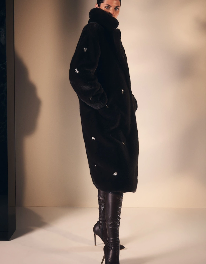 Crystal Embellished Faux Fur Long Coat