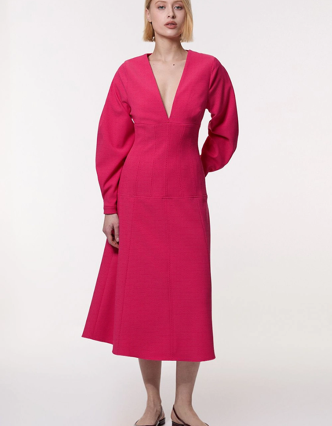 Petite Textured Tailored Dropped Waist Sleeved Midaxi Dress, 2 of 1