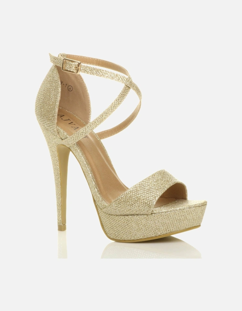 High  Heel Crossed Straps Platform Glitter Mesh 2 Part Heels