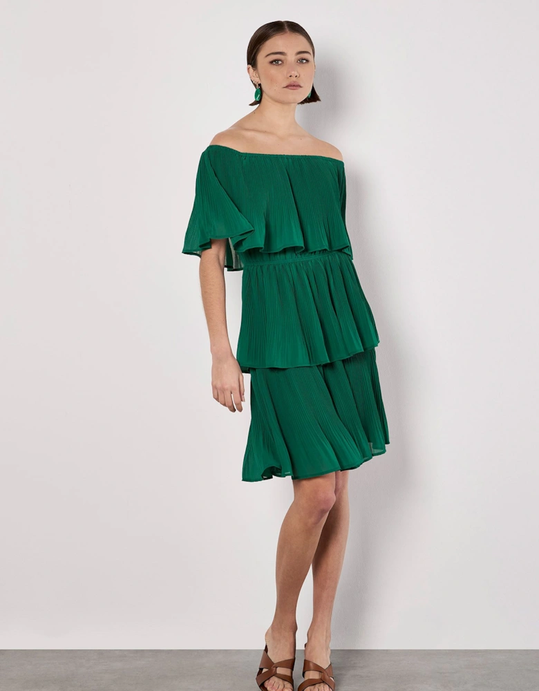 Plisse Tiered Bardot Mini Dress