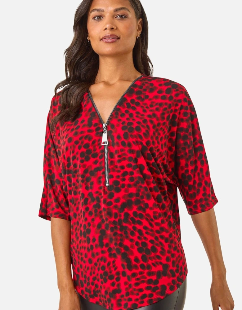 Animal Print Zip Front Stretch Top