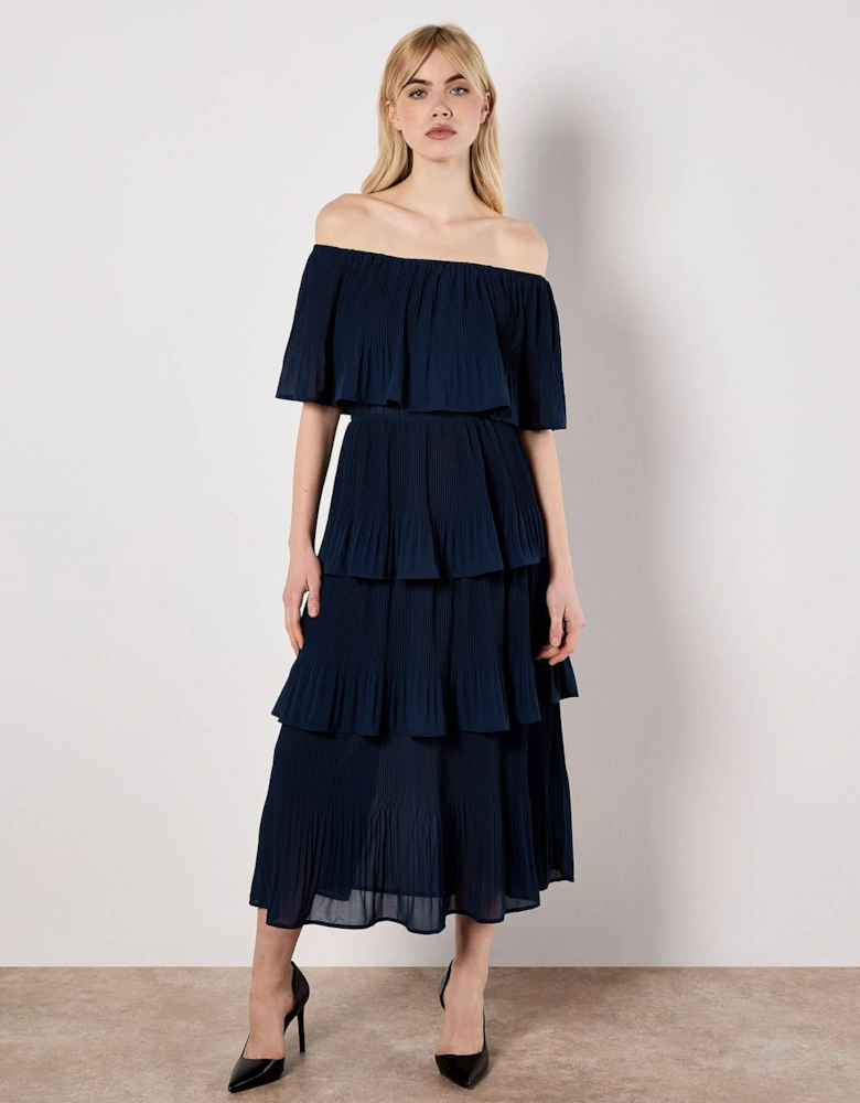Plisse Tiered Bardot Midi Dress