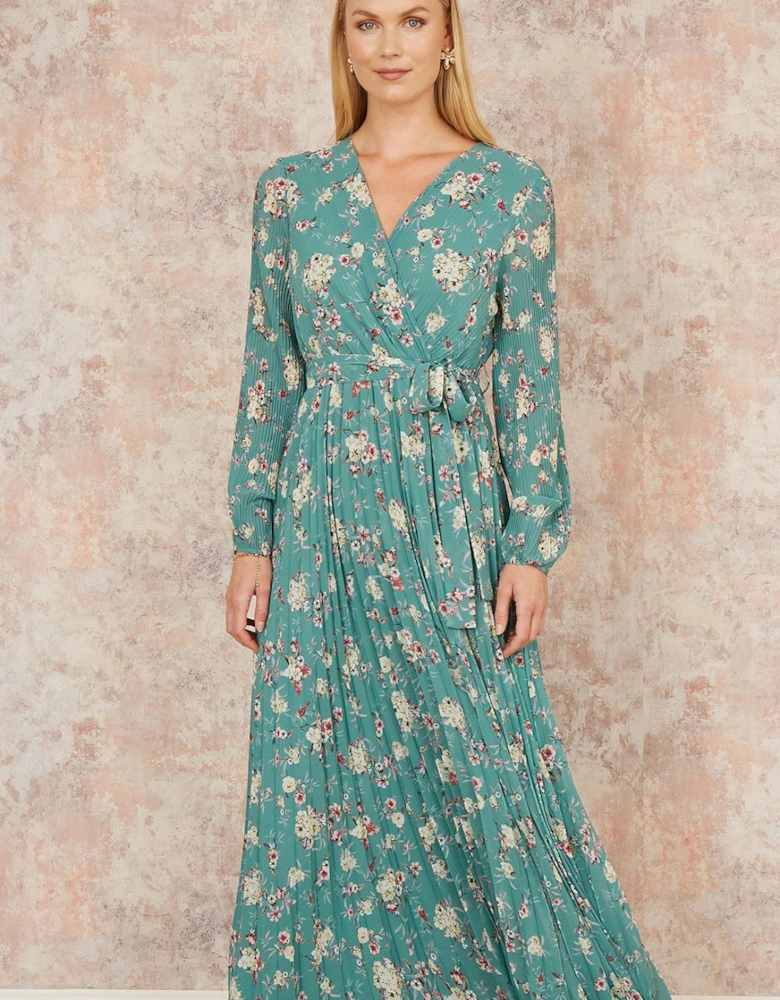 Mint Green Floral Pleated Long Sleeve Wrap Over Midi Dress