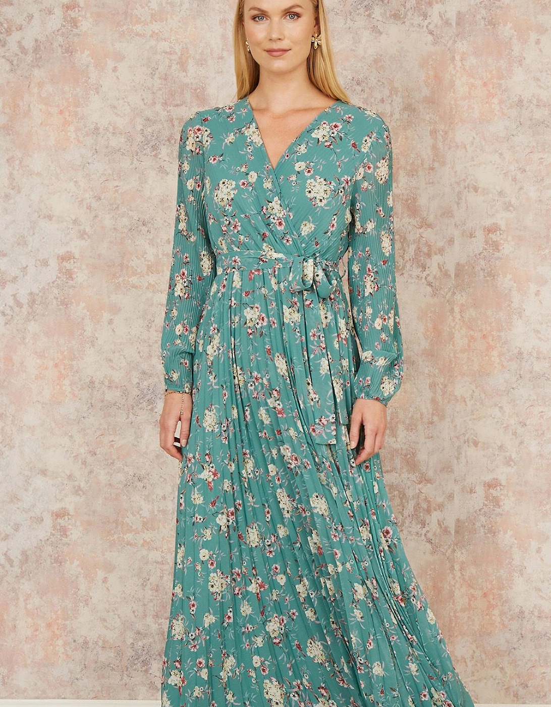 Mint Green Floral Pleated Long Sleeve Wrap Over Midi Dress, 2 of 1