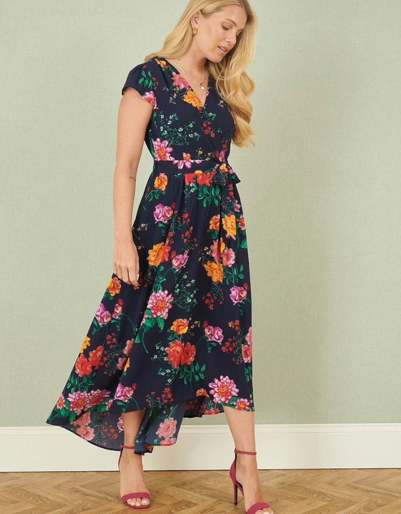 Navy Flower Print Wrap Midi Dress
