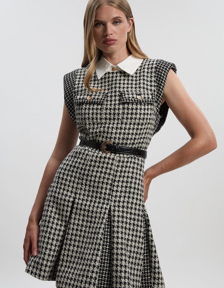 Tall Textured Tweed Contrast Collar Pleated Tailored Mini Dress